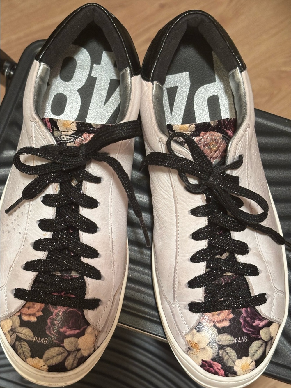 P448 Women’s White Sneakers with Black Laces and Floral Toe